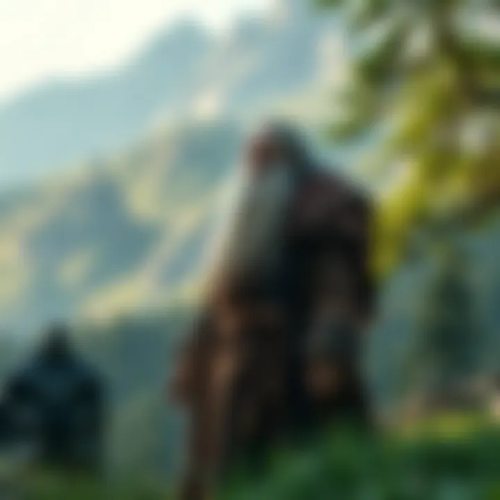 Gandalf in Middle-Earth A wise wizard with a long beard stands in a lush green landscape, surrounded by ancient trees and mountains, conveying timeless wisdom.