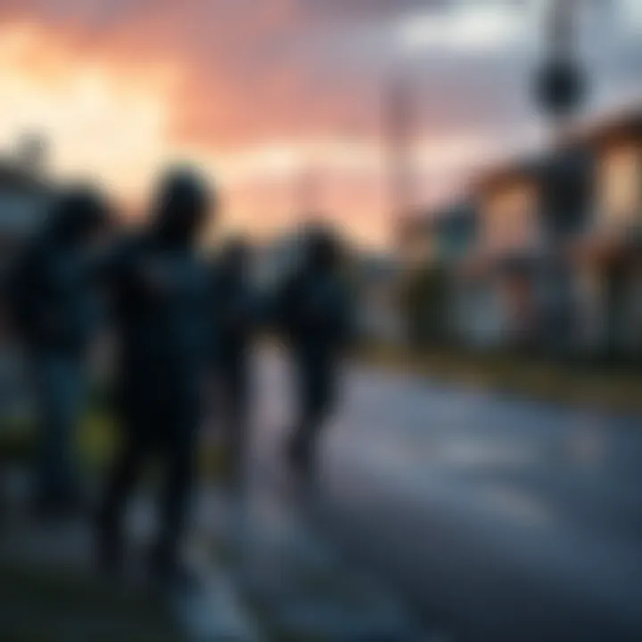 Gang Activity in New Development Area A group of individuals engaged in suspicious behavior in a newly developed neighborhood, highlighting rising gang issues