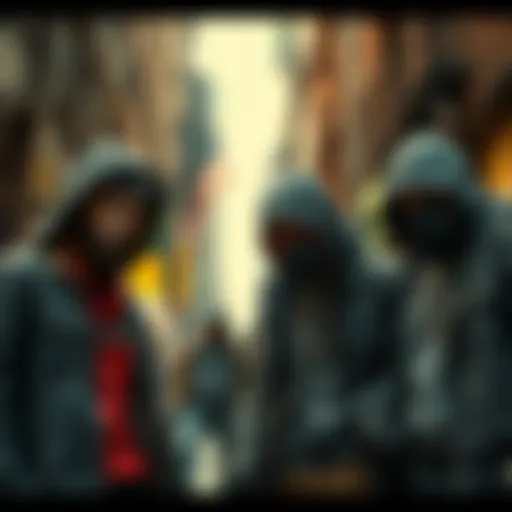 A group of gangsters in a city street, showcasing authentic street culture and style