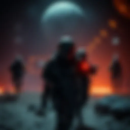 A tense scene of undercover agents on Ganymede, showcasing space suits and advanced technology in a dark, atmospheric environment