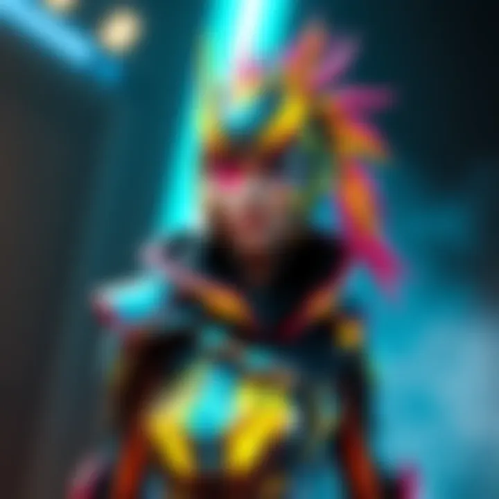 Gara Prime character showing vibrant armor and colorful syandana in Warframe