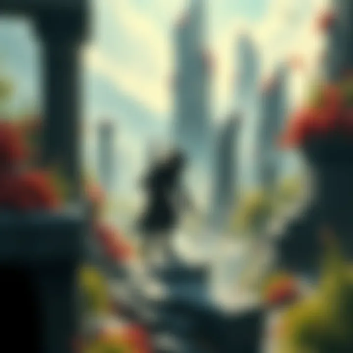 Garrett, a skilled thief, stealthily navigating the mystical landscape of Morrowind, surrounded by ancient ruins and vibrant flora.