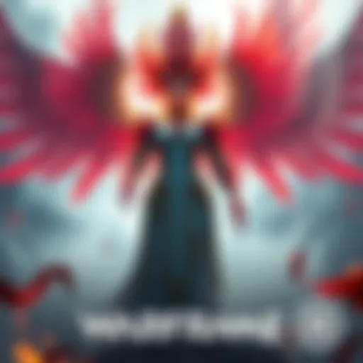 A dynamic depiction of Garuda, a fierce character inspired by Hindu mythology, showing her powerful stance and unique abilities, surrounded by symbols of power and sacrifice.