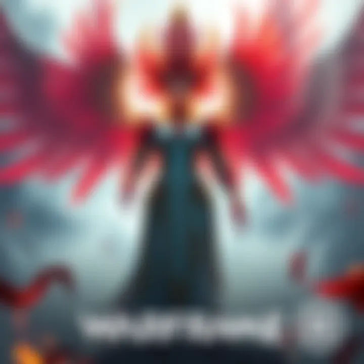 A dynamic depiction of Garuda, a fierce character inspired by Hindu mythology, showing her powerful stance and unique abilities, surrounded by symbols of power and sacrifice.