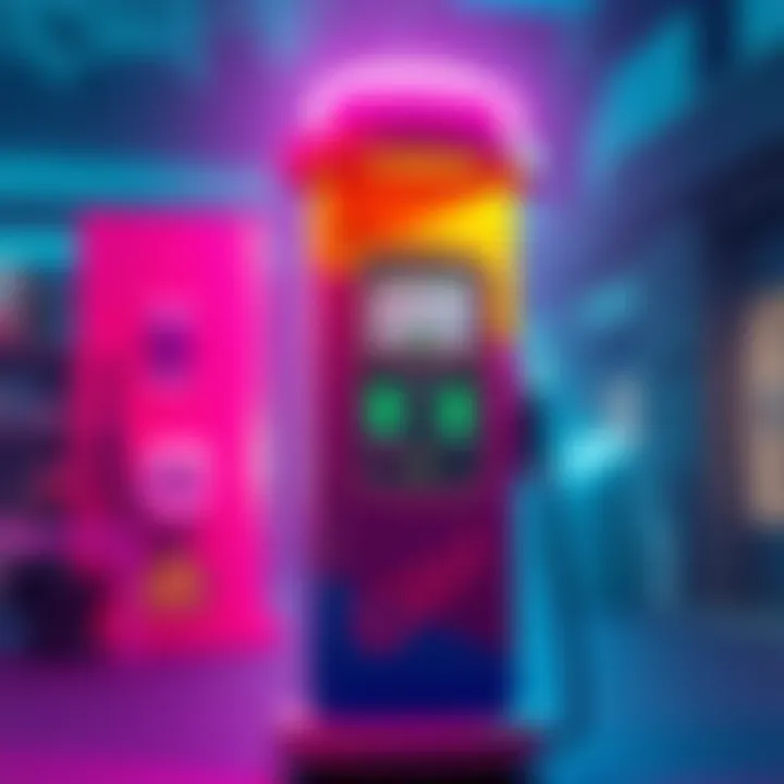 A colorful gas pump designed to look like a Fortnite grappler, showing its unique shape and features.