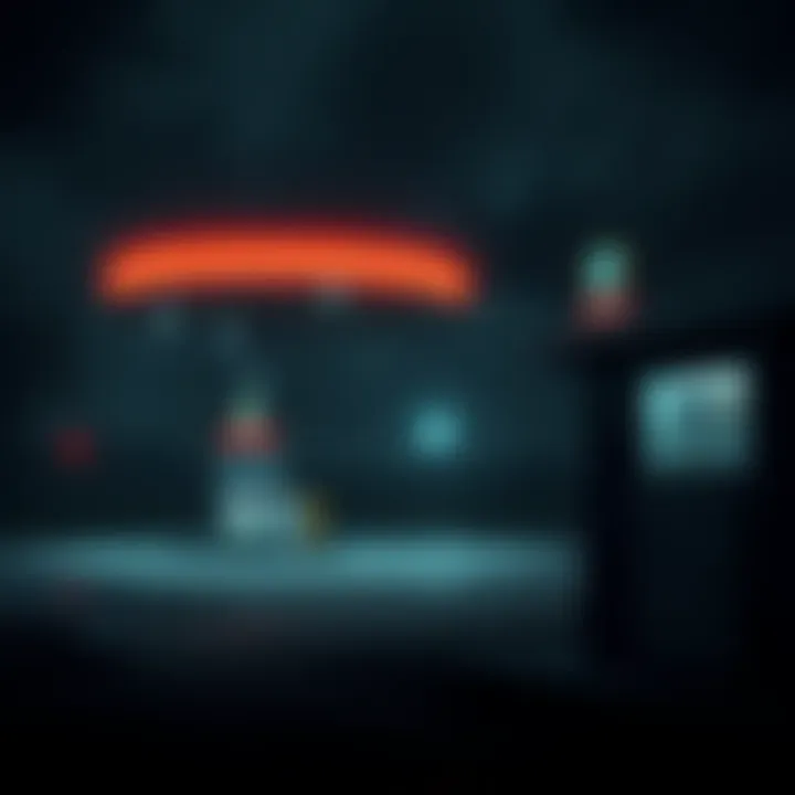 A dark 90s Ohio gas station with flickering lights and a spooky atmosphere, featuring an old gas pump and a shadowy figure in the distance.