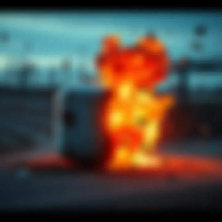 Gas tank explosion at shooting range with debris scattered in the air