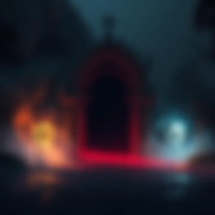 Mysterious gates of oblivion opening in a dark atmosphere, surrounded by eerie lights and shadows, evoking a sense of unease and intrigue after the pope's passing.