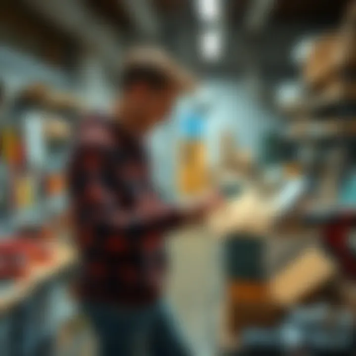 A person selecting quality materials for a project from a well-organized workshop with various tools and supplies