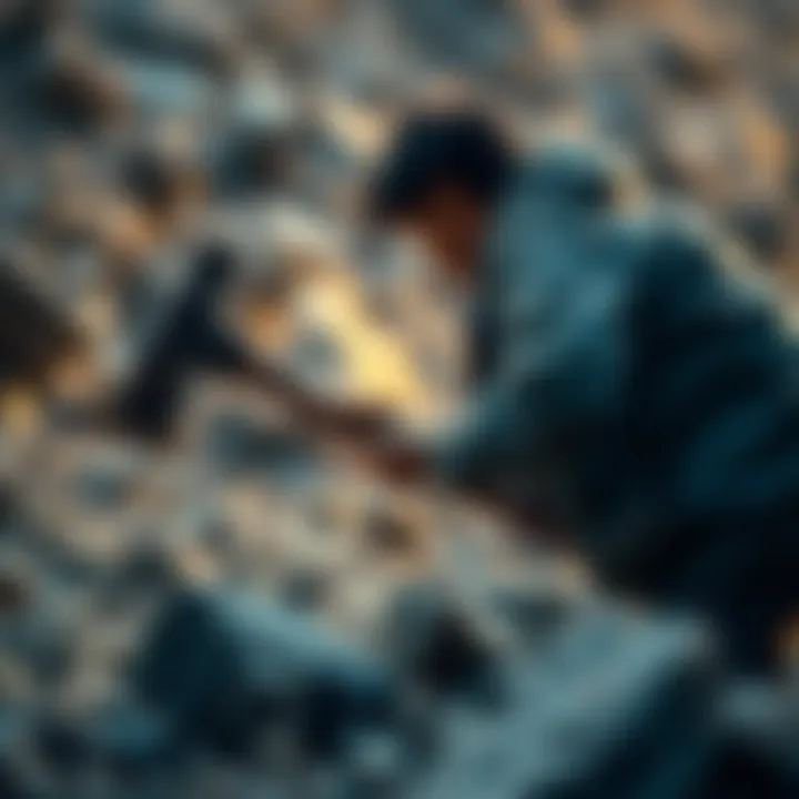 A person with a pickaxe collecting ore from a rocky surface.