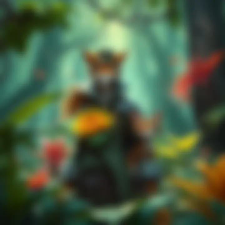 Gaul stands confidently with his plant collection, accompanied by his Palico, Murray, in a vibrant forest setting.