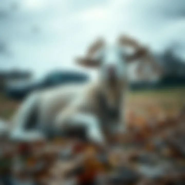 The Gavle Goat lies on the ground after being knocked over by strong winds, surrounded by fallen leaves.