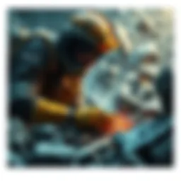 A character from the Gegno storyline engaged in mining activities among rocks and minerals
