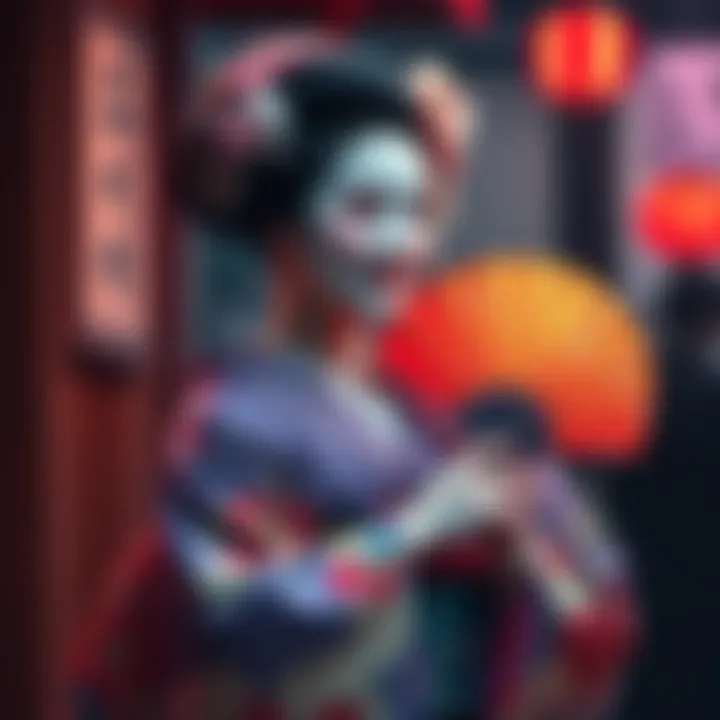 A geisha dressed in colorful kimono with intricate patterns, holding a fan and smiling gracefully.