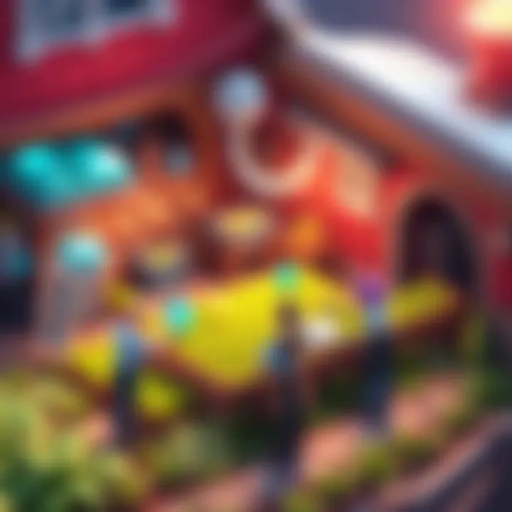 A visual showing an upgraded gem farm with characters working on a favor farm, highlighting teamwork and efficiency.