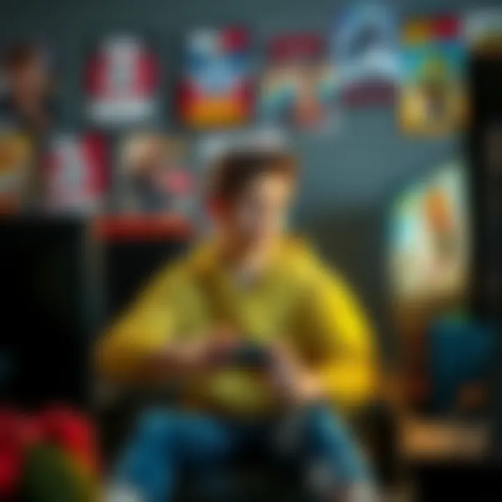 Gen-Z Gamer Reflecting on Gaming A young person seated in front of a gaming setup, looking thoughtful with a controller in hand, surrounded by posters of popular game franchises.