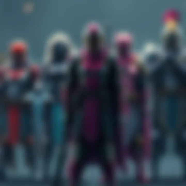 A diverse group of game characters wearing gender-neutral armor, showcasing equality in design, standing together ready for battle.