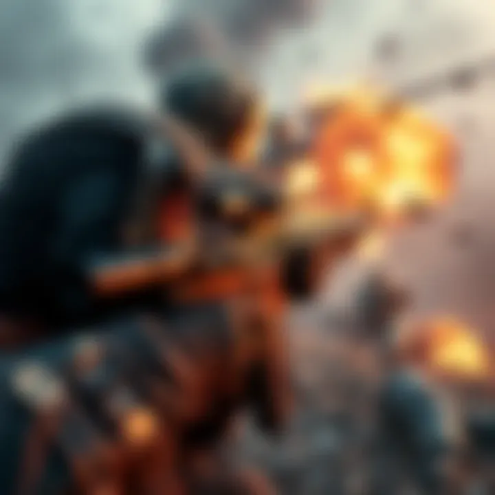 A player aiming a sniper rifle at General Raam during a challenging battle, surrounded by explosions and debris.