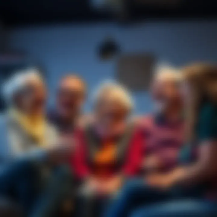 A diverse group of people laughing together, sharing jokes about age and nostalgia, representing different generations, in a relaxed setting.