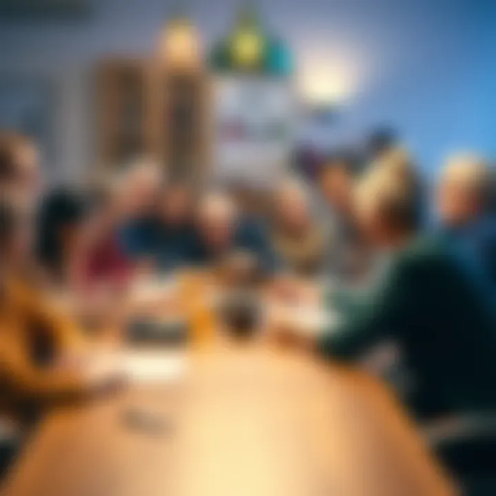 A diverse group of people of different ages gathered around a table, engaged in a fun quiz activity, comparing cultural references and milestones from their generations.