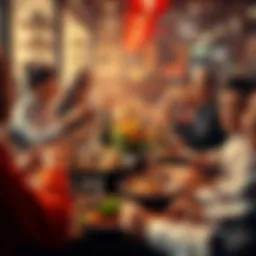 People enjoying a communal meal together, sharing dishes at a well-set dining table, showcasing generosity in dining culture.
