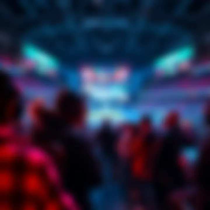 Genji power players in action A group of players in a stadium intensely focused on a gaming console depicting Genji gameplay. Energetic atmosphere with colorful screens and cheering fans.