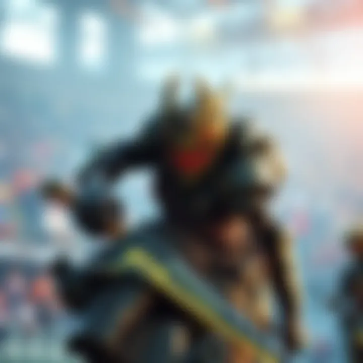 A dynamic scene of Genji, equipped with advanced gear, showcasing his skills in a stadium setting