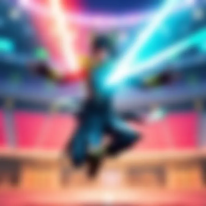 Genji deflects three beam weapons in a stadium, showcasing his skills and abilities, with bright beams bouncing off his movements.