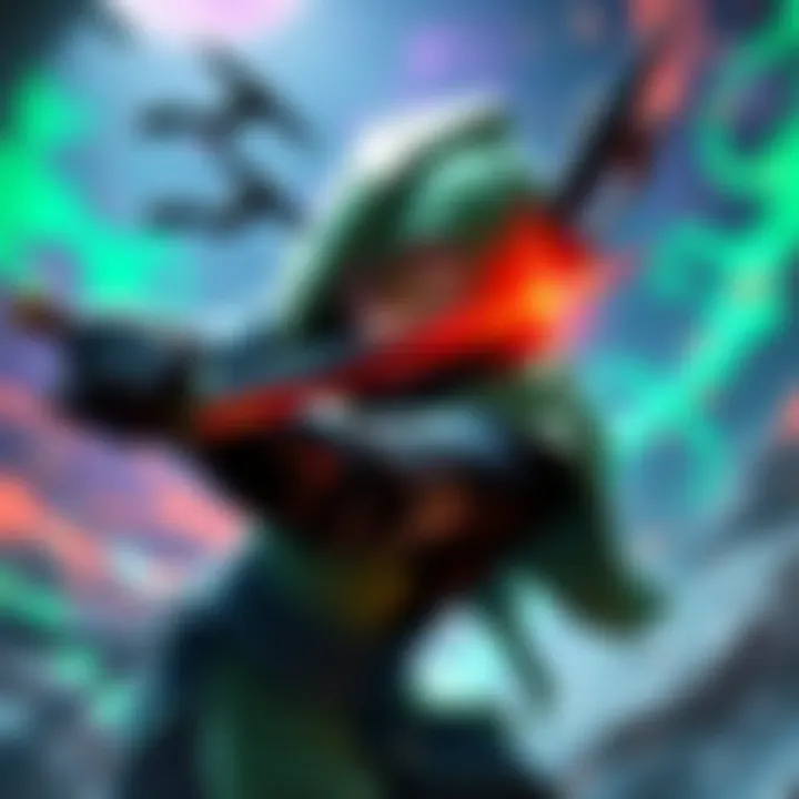 A dynamic scene showing Genji, a ninja-like character with a sword, poised to throw shurikens while focusing on a target. His green and black outfit contrasts with a vibrant background.