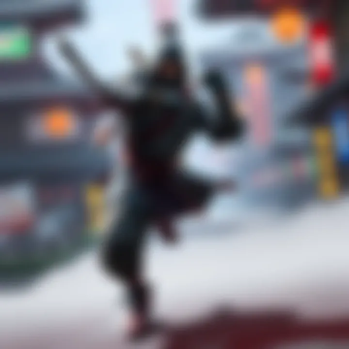 A character resembling Genji from a video game, showcasing martial arts moves in a vibrant gaming environment.