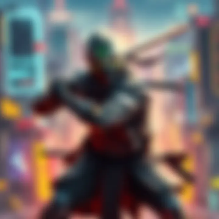 A dynamic image of Genji, a sleek cybernetic ninja from a popular game, showcasing his agility and combat skills, surrounded by a vibrant backdrop of a futuristic cityscape.