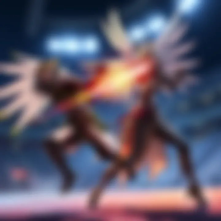 A scene showing Genji attacking while Mercy supports nearby in a stadium environment.