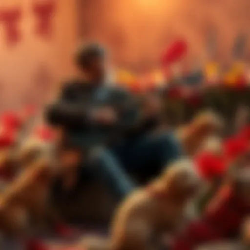 A man with a guitar sits among tributes to pets, creating a touching scene.
