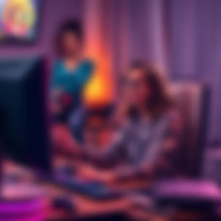 A GenX mom sitting at her computer, looking confused while playing a video game, with game graphics on the screen and gaming accessories around her.