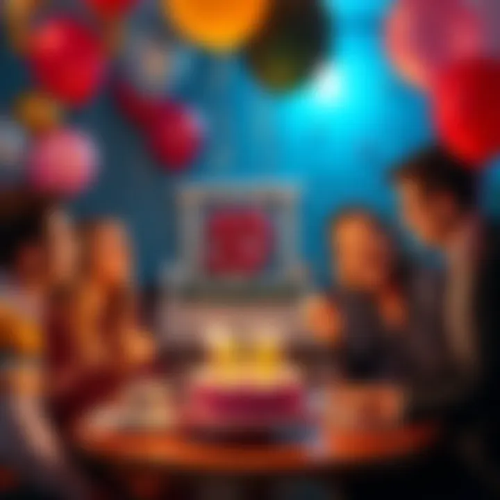 Friends gathering around to celebrate Geoff turning 50, with balloons and a cake