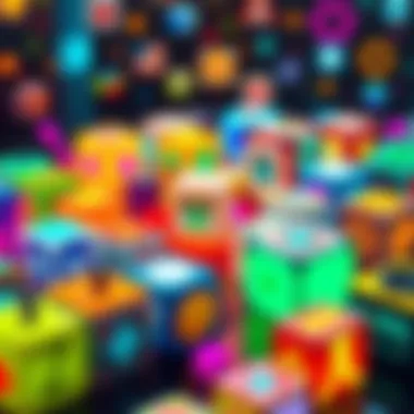 Colorful cubes representing different icons from Geometry Dash, showcasing unique designs and animations, with some appearing to bleed colors.