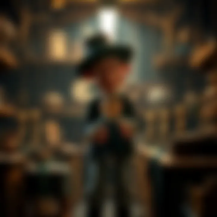 Gepetto's Puppet Gepetto stands in a workshop surrounded by wooden puppets, holding a lifelike puppet resembling Carlo. The room is filled with tools and a warm light casts shadows, hinting at a secretive atmosphere.