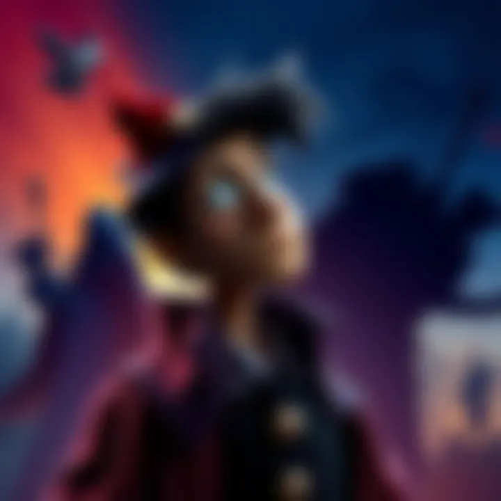 A thoughtful Geppetto gazes into the distance, pondering his motivations amid shadowy figures symbolizing his complex relationships.