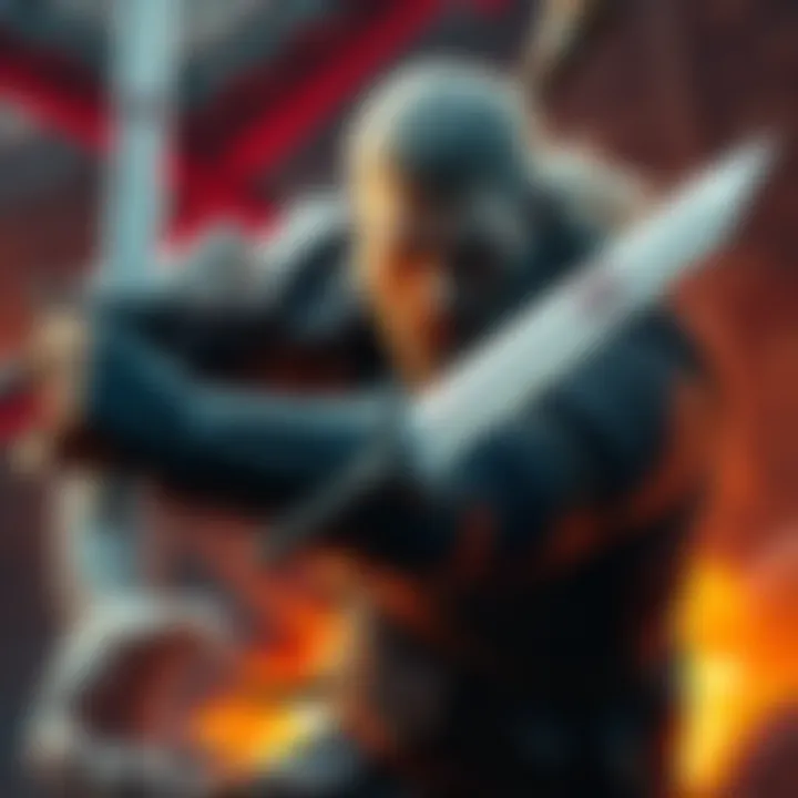 Geralt of Rivia, the main character of The Witcher 3, wielding his sword in a fantasy setting, showcasing his rugged armor and intense expression while fighting a monster.