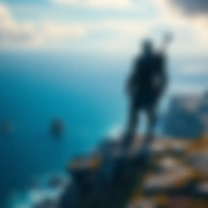 Geralt of Rivia stands on a rocky cliff overlooking the beautiful coast of Skellige with blue waters and a vibrant sky in the background.