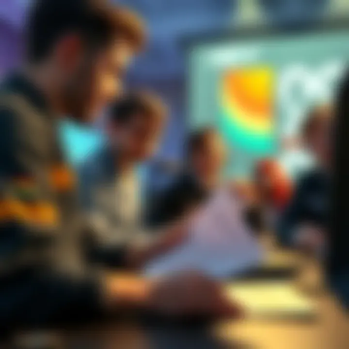 A group of game developers in Germany discussing projects while reviewing documents about government funding for video game development