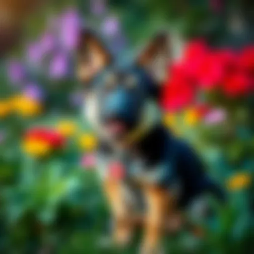 A playful German shepherd puppy wearing a name tag inspired by Dota characters, sitting in a garden