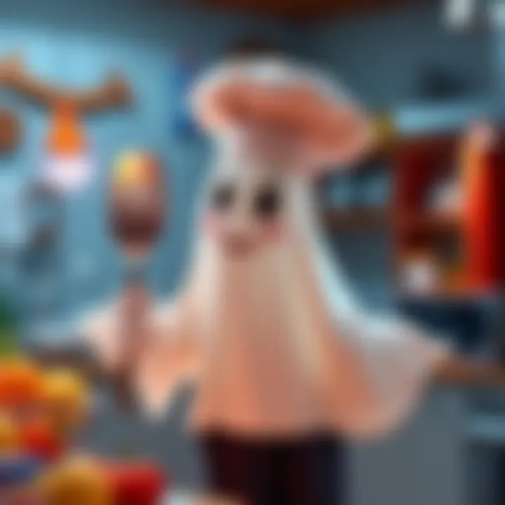 Ghost in a Chef's Hat A whimsical ghost wearing a charming chef's hat, smiling and holding a spatula in a cheerful kitchen setting.