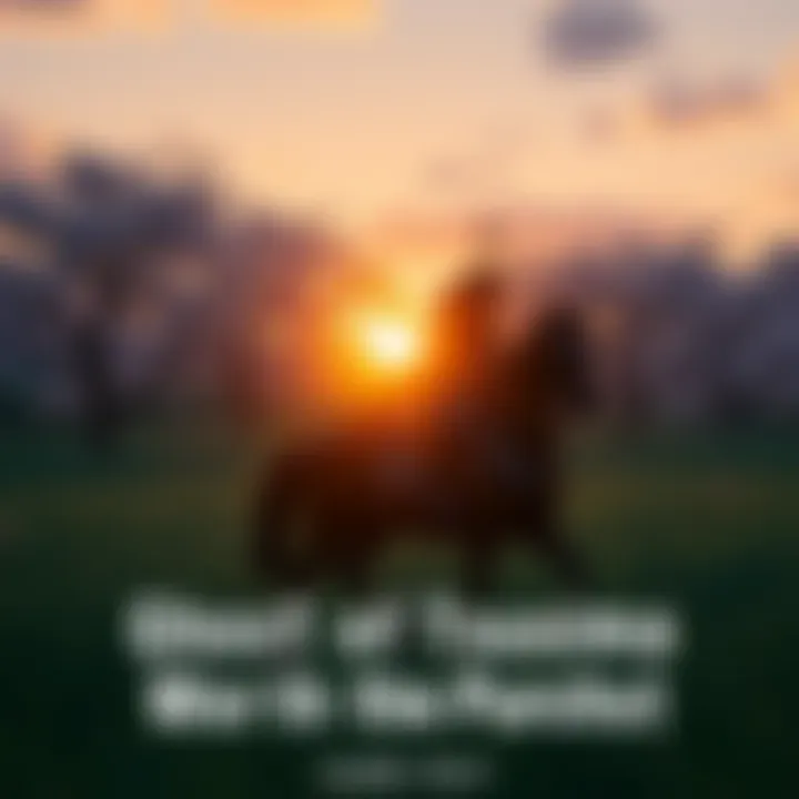 A samurai warrior in Ghost of Tsushima riding a horse across a grassy field during sunset, with cherry blossom trees in the background.