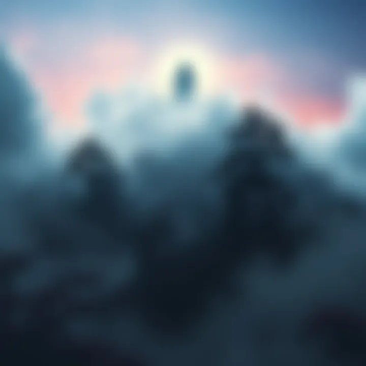 A misty mountain with a ghostly figure surrounded by dark trees, representing the Onryō spirit.