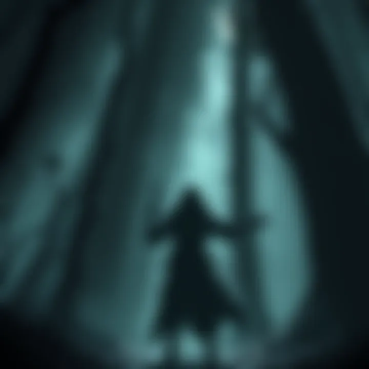 A dramatic scene from Ghost Of Yotei showing a character in a dark forest with a weapon, surrounded by shadows, symbolizing themes of vengeance.