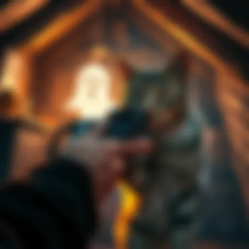 A player captures a ghost anomaly with a Polaroid camera while petting a cat in a spooky attic setting.