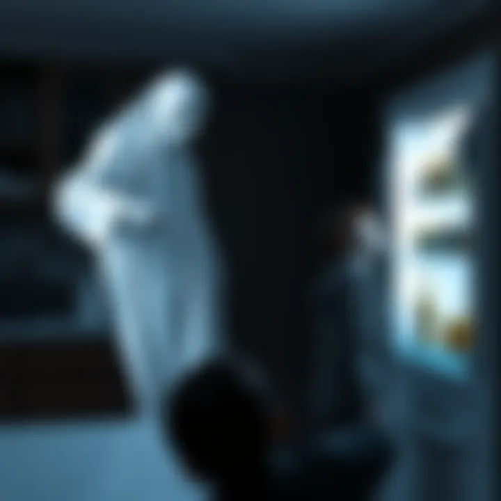 A ghostly figure appears in a kitchen, pointing at an open fridge with expired milk while a person looks surprised.