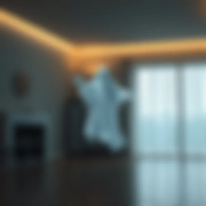 A translucent ghost floating in a dimly lit room, surrounded by calm decor.
