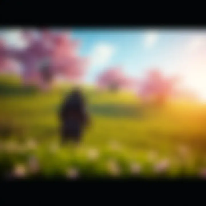 A samurai character stands in a lush green field with cherry blossom trees, showcasing vibrant graphics and an engaging atmosphere.